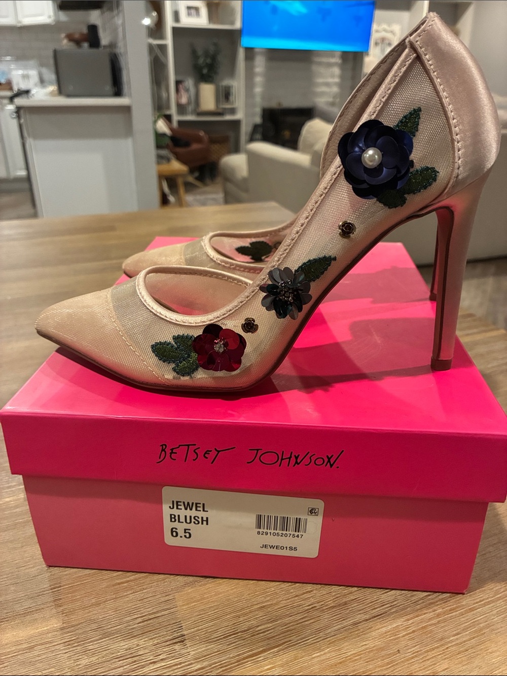 Betsey Johnson Blush Pointed-Toe D'Orsay Heels with Jeweled Floral Accents